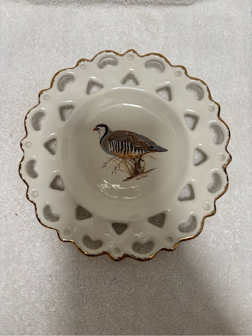 White Ceramic Decorative Bowl with Partridge Motif and Gold Trim